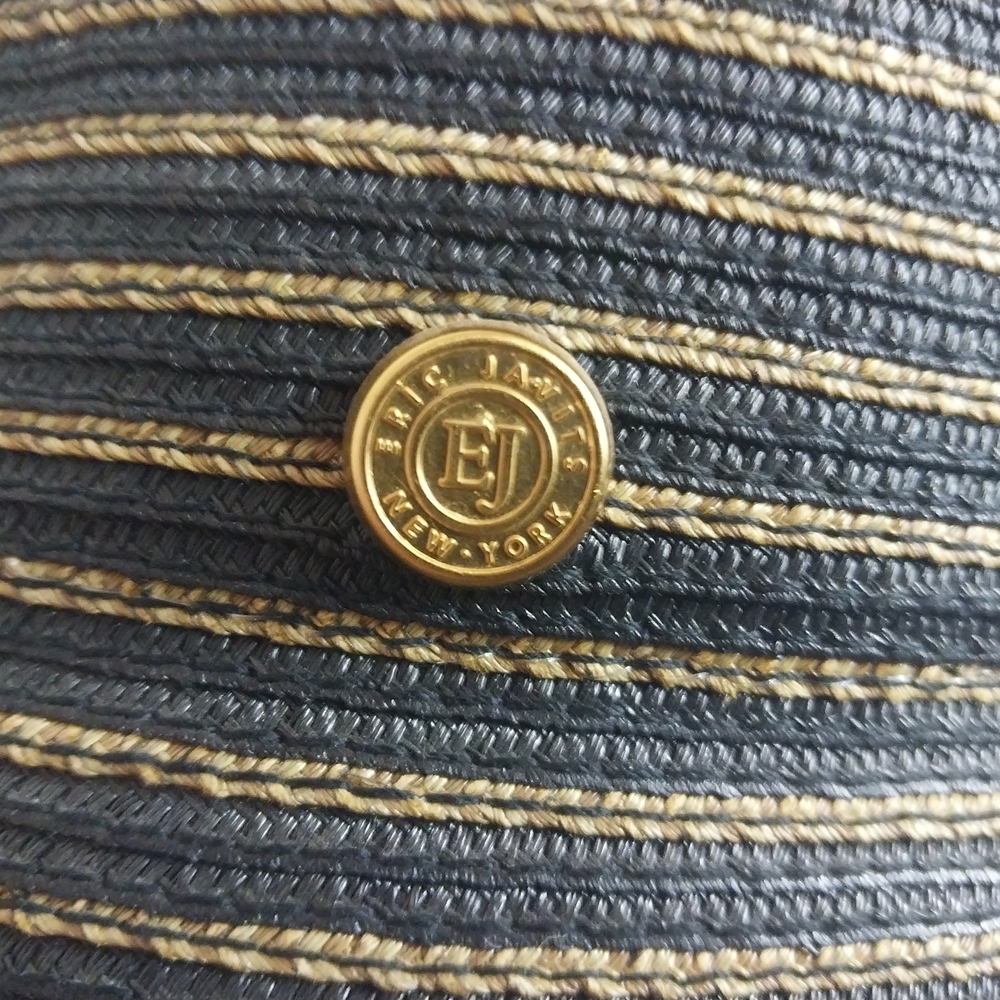 Eric Javits Navy and Natural Straw Hat with Gold Logo Button